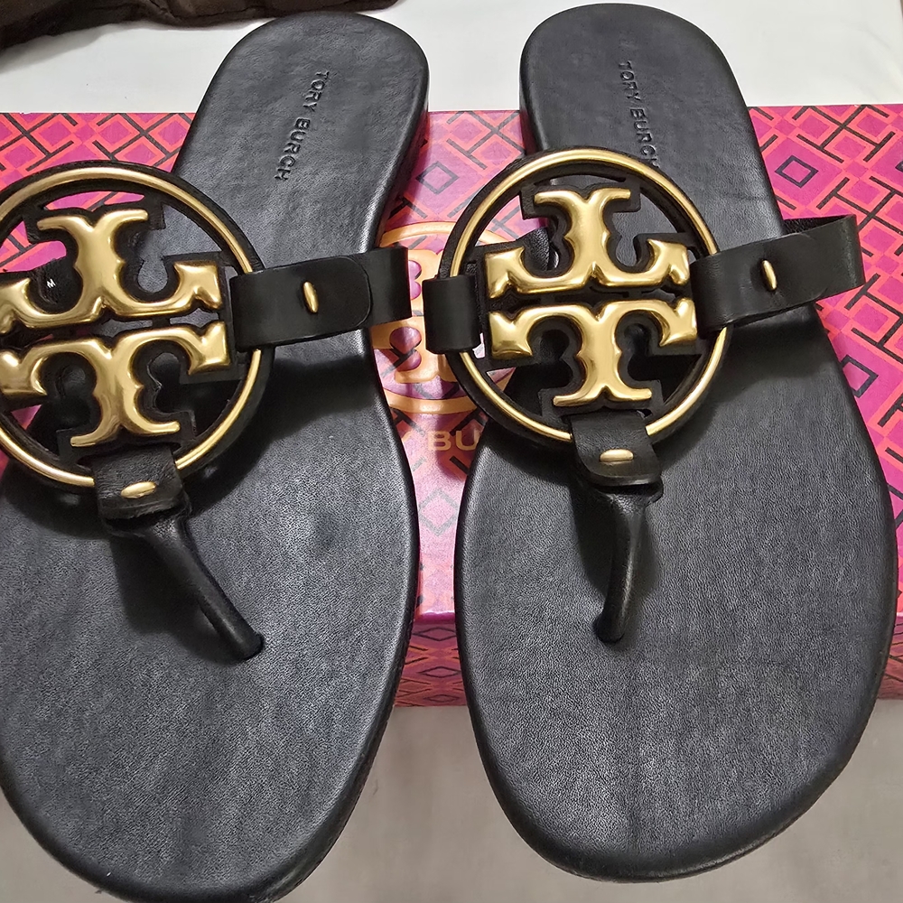 Tory Burch Black Sandals with Gold Emblem